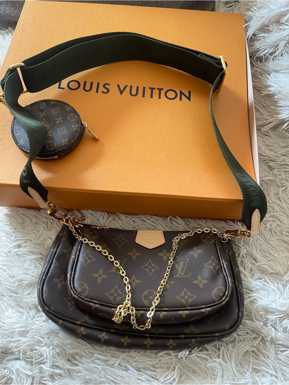 Louis Vuitton Brown Monogram Multi-Pochette Crossbody with Green Strap